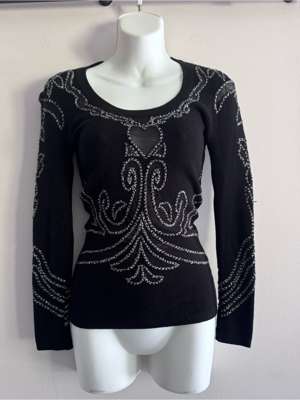 Etincelle Couture Black Top with White stitching and mesh pieces